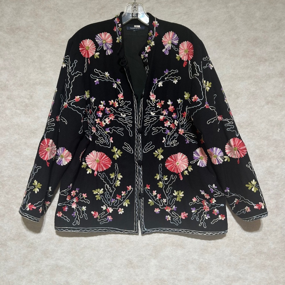 Boston Proper Womens M Black Floral Embroidered Wool Blend Open Front Jacket